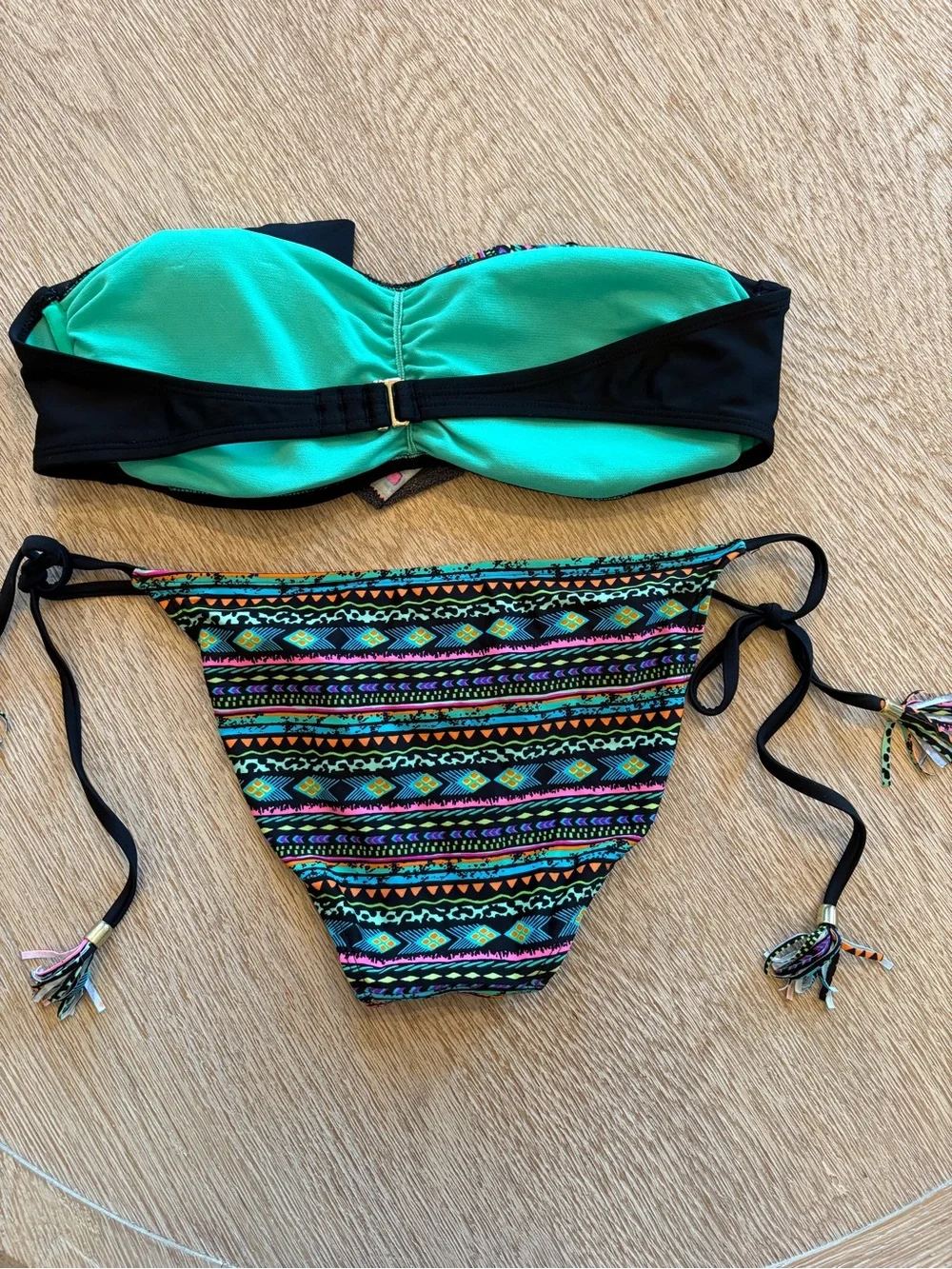 Ruffle Bandeau Bikini Set in Black With Bright Aztec Pattern